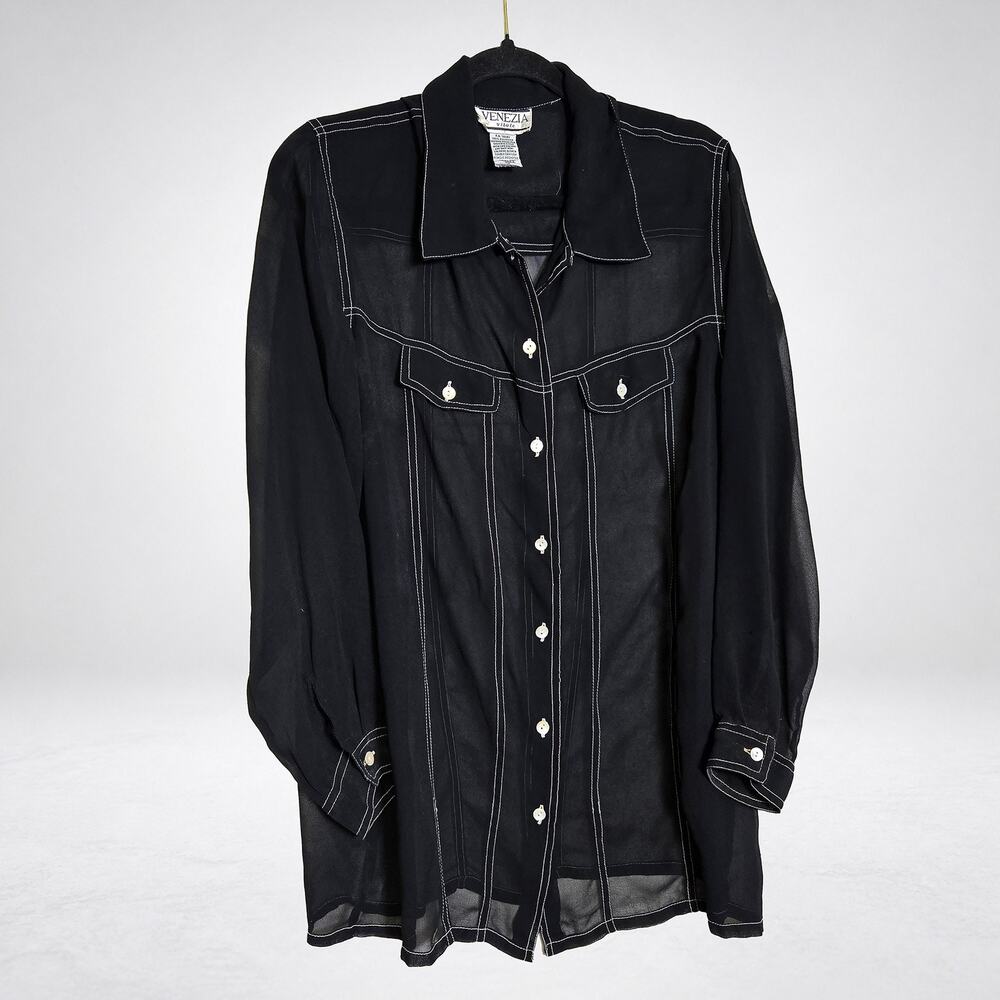 Venezia Vitale Sheer Black Western Yoke Blouse Contrast Stitch Plus Sz 18/20